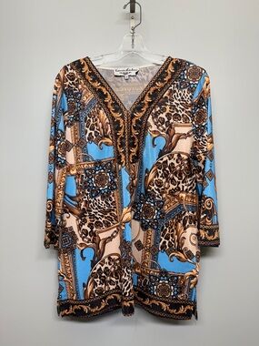 Vintage Victoria Harbour Black and Gold Printed Women's Blouse - Size M